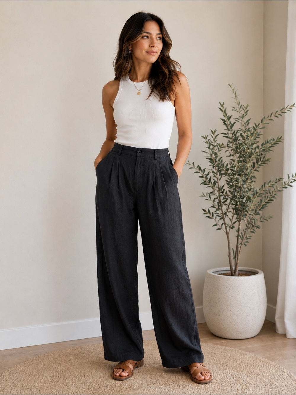 Reformation 100% Linen Black Pleated Effortlessly Chic Wide Leg Pants Size 6